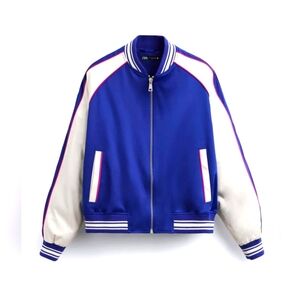 Zara Men's Satin Bomber Jacket with Embroidered Slogan Size Medium